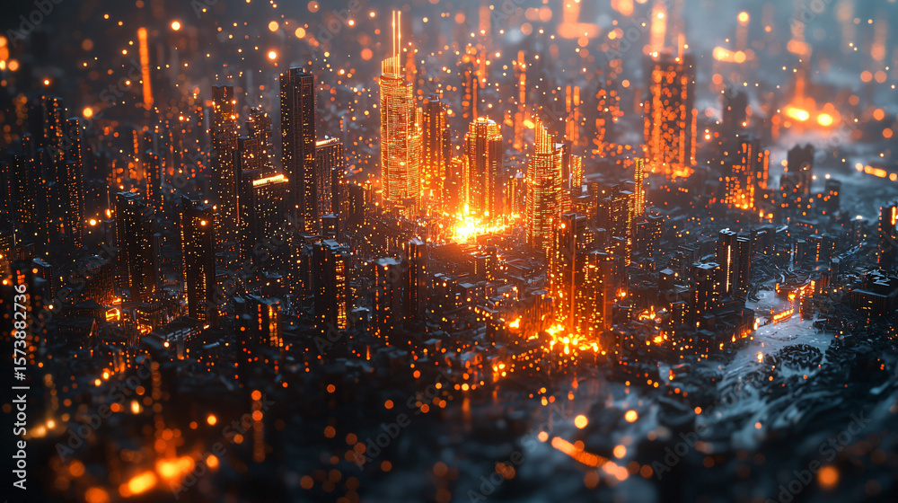 Fototapeta premium Futuristic cityscape with glowing skyscrapers and vibrant lights