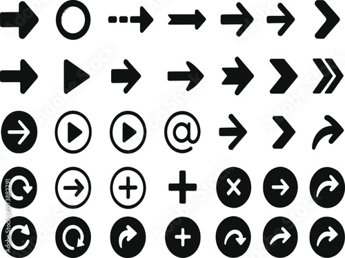 Black and White Icon Grid Featuring Arrows, Media Controls, and Input Symbols — Flat UI Elements for Navigation, Workflow, and Interactive Design Systems