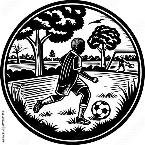 boy playing soccer (linocut style)