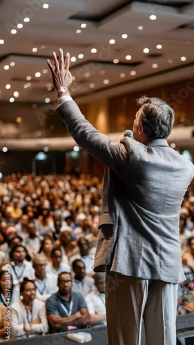 Speaker addressing large audience in conference hall