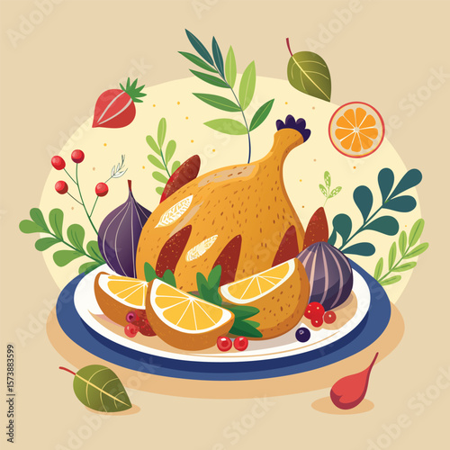 A vector illustration set of fresh apple and orange fruits with leaves
