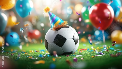 A soccer ball wearing a party hat surrounded by colorful balloons and confetti on a grass field, celebrating a festive occasion.