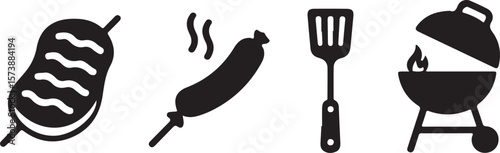 Vector art of barbecue icons including grill, sausage, and spatula isolated on transparent background