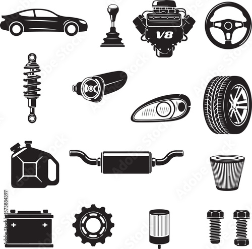 Vector art of collection of car parts and accessories in black silhouette isolated on transparent background