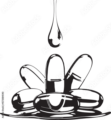 Monochrome Artistic Rendering of Liquid Drop Falling onto Pill Arrangement Creating an Intriguing Visual Composition