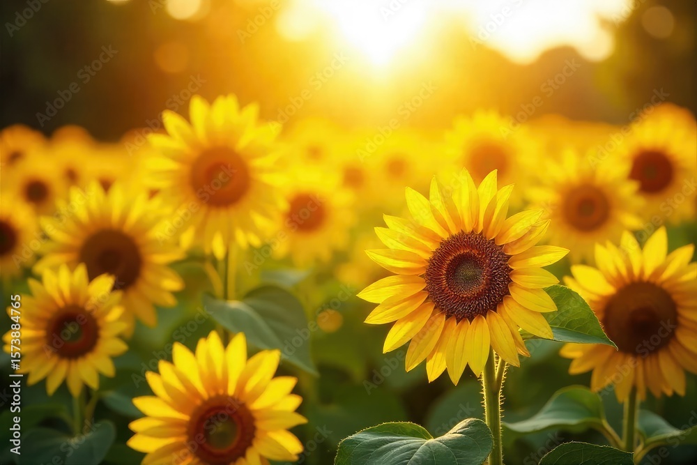 Fototapeta premium Golden Sunlight Bathes Vibrant Sunflower Field, Evoking Joy and Carefree Bliss; Perfect for Summer, Nature, and Happiness Projects