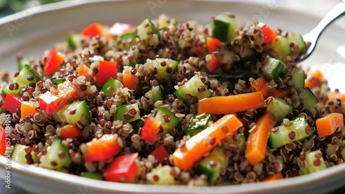 Healthy quinoa salad with vegetables in a bowl, close-up view