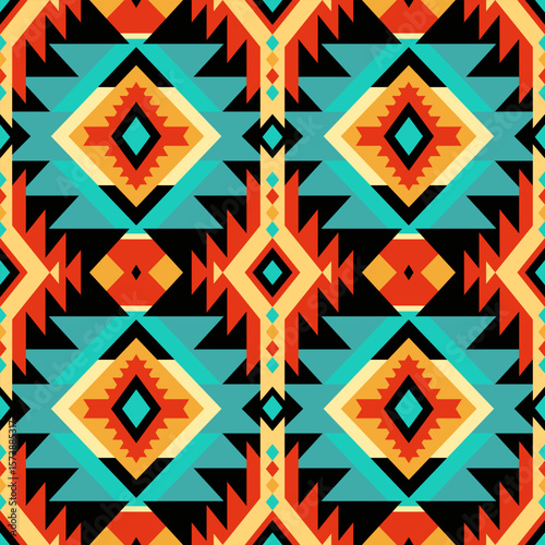 Geometric tribal pattern composed of diamonds, triangles, and lines creating a colorful and intricate design