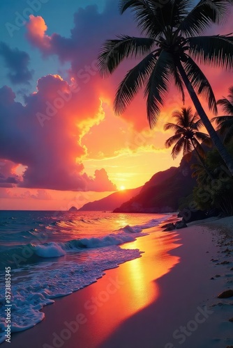 Golden Hour Sunset over Tranquil Hawaiian Beach Palm Trees, Pristine Sand, Calm Ocean, Perfect Island Paradise