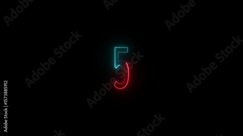 5 text animation  neon on black background. Neon numbers five glowing on an alpha channel background.