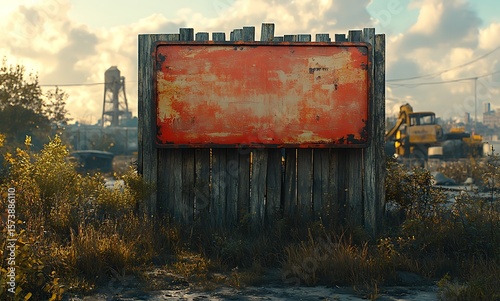 Weathered Red Billboard on Wooden Frame in Industrial Landscape

