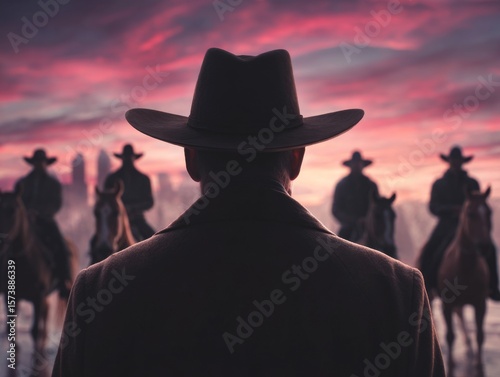 The photograph features a detailed portrait of a cowboy, with a posse of riders on horseback in the distance, crossing the vast expanse of the desert