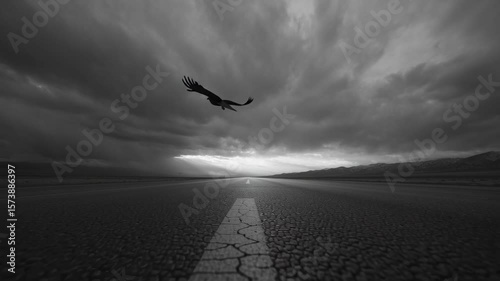 A majestic bird flies above a cracked road against an atmospheric backdrop of dark clouds and fading light, creating a cinematic moment