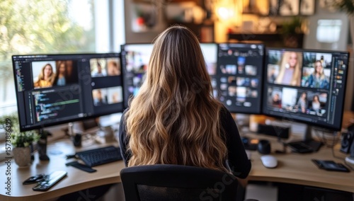 A person with long hair works on video editing using multiple monitors showing various video clips in a cozy, well-lit workspace.