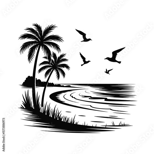 Tropical Beach Scene with Palm Trees and Birds Silhouette Illustration
