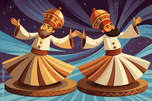 vector of Two wooden dervish statues with a beautiful face spinning...