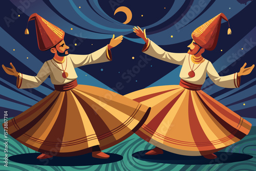 vector of Two wooden dervish statues with a beautiful face spinning...