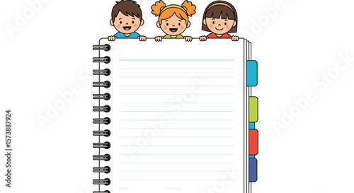 Children learning together notebook page with colorful tabs for school activities and creative projects