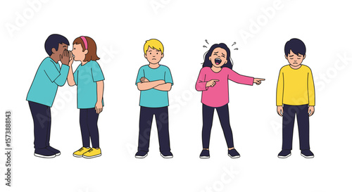 Children experiencing peer pressure bullying and exclusion in a schoolyard setting with diverse reactions and emotions displayed by each individual child