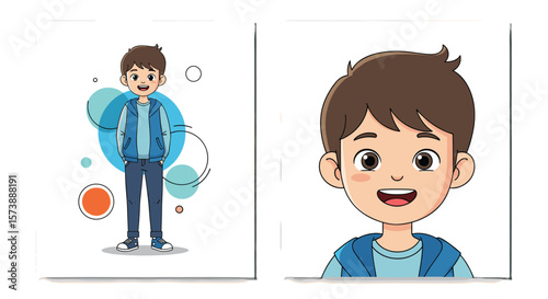 A cheerful cartoon boy standing with a close up of his smiling face and blue bubbles in the background