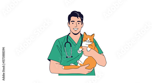 Friendly veterinarian with a healthy ginger cat smiling warmly in a clinic setting offering animal care services