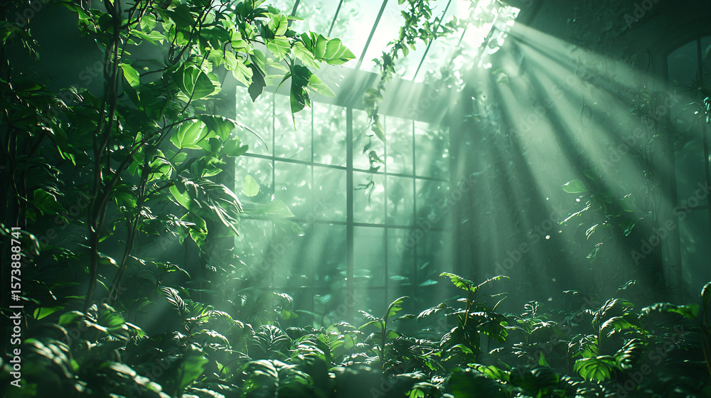 Fototapeta premium Sunlight Streams Through Lush Green Leaves in a Serene Environment