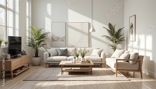 Minimalist Scandinavian living room interior with natural sunlight, neutral tones, wooden furniture, clean lines, and indoor plants — styled for a premium home décor catalog.