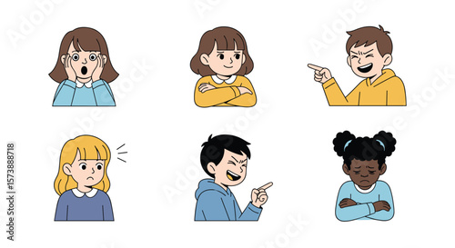 Diverse collection of adorable cartoon children expressing a wide range of emotions and feelings visually depicted in a simple yet engaging style