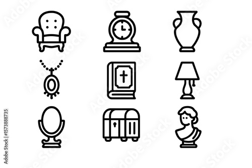 Elegant antique icon set featuring furniture and decorative items in minimalist style