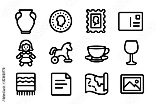 Simple linear icon set: household and artifacts collection on black background