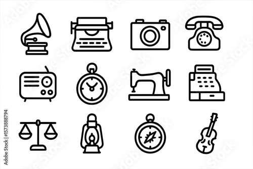 Vintage icons: classic devices and instruments in minimalist style