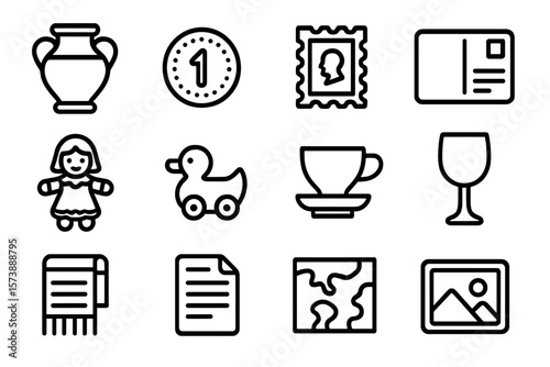Set of minimalistic black linear icons on dark background