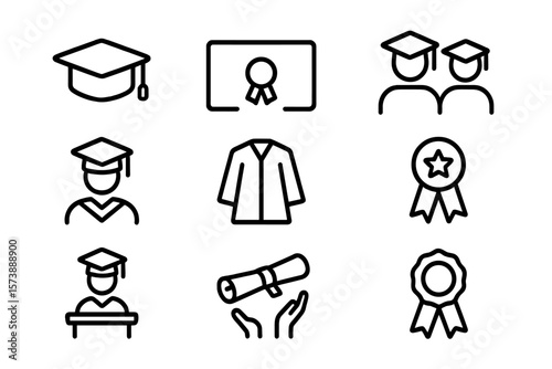 Linear education icons: graduation cap, diploma, and academic symbols