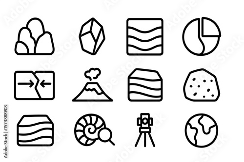 Geology icon set: minimalistic silhouette design with earth elements