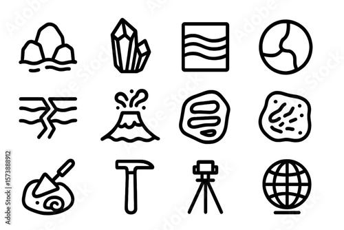 Earth science icons: volcano, crystals, earthquake, and geology symbols in linear design