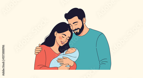 A young couple embraces their newborn baby with warmth and tenderness a loving family portrait celebrating new life and parenthood