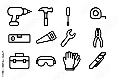 Outline icons of essential diy tools for home improvement and repairs