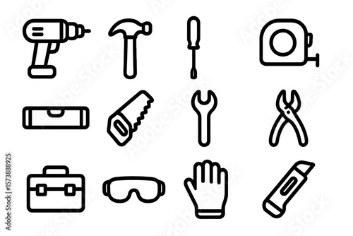 Outline icons of essential hand tools in a minimalist style