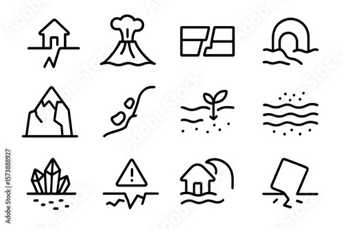 Natural disaster icons collection: earthquake, volcano, flood, tsunami, landslide