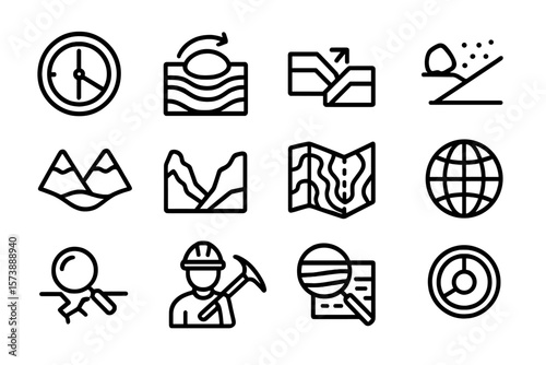 Geology icons set: linear symbols of earth science and cartography