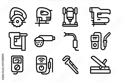 Set of black linear icons of power tools on gray background