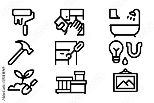 Essential renovation icons: tools, repairs, and home improvement elements