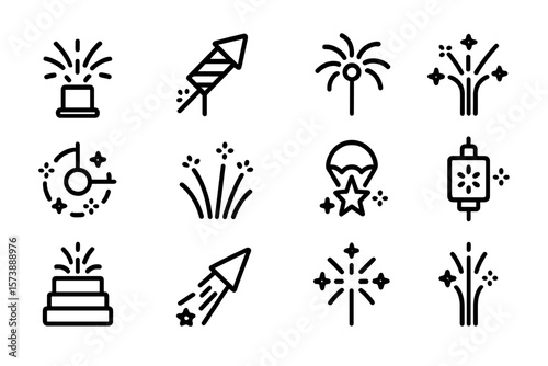 Minimalist fireworks icon set for celebrations and holidays