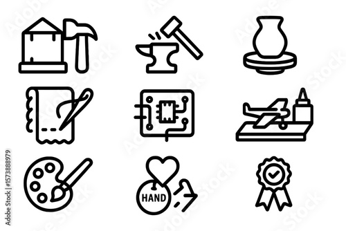 Crafts and hobbies icons: handicrafts, art, and design themes in modern line style
