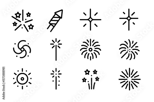 Black simple fireworks icon set on subtle background
