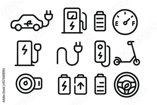 Electric vehicle charging icons in modern linear style