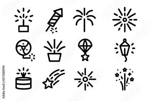 Festive fireworks icons set: outline style for celebrations and events