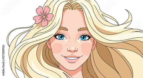 A beautiful young woman with long blonde hair and blue eyes smiling happily