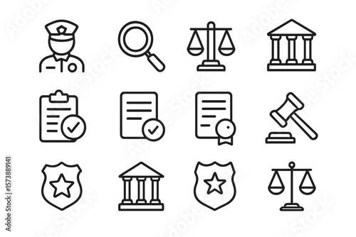 Outline icons of law and justice elements on dark background