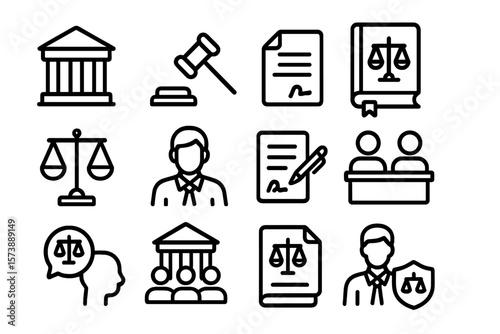 Legal icons set: line art symbols of justice and law